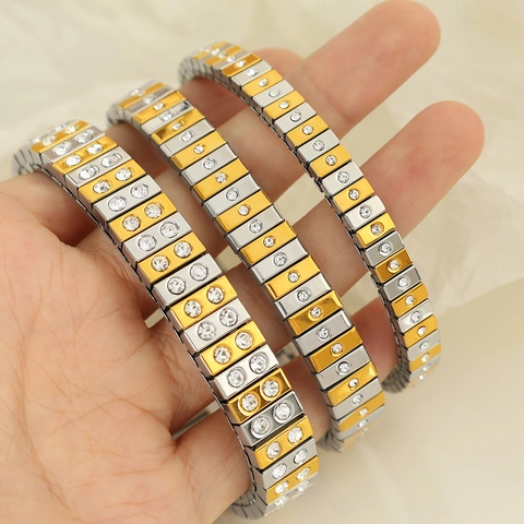 Luxury Two-Tone Stainless Steel Elastic Bangle Bracelet With Rhinestone Inlaid Adjustable Stretch Ring Fashion Jewelry Set