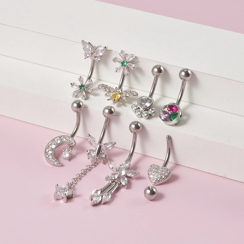 Stainless Steel Belly Piercing Rings With Cubic Zirconia Heart Butterfly Flower Moon Bee Dangle Sexy Navel Jewelry Women