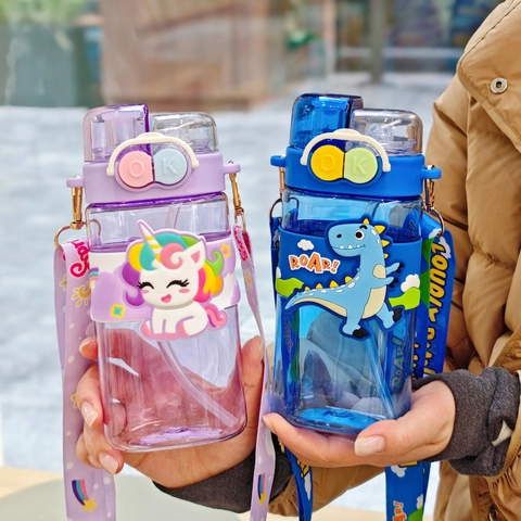 Kids Water Bottle Plastic Straw Cup With Adjustable Strap Portable Cartoon Dual Drink Kettle For Children Students