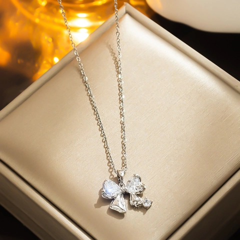 Collier Pendentif Coeur Papillon En Acier Inoxydable Zircon Brillant Bijoux Tendance Pour Femmes