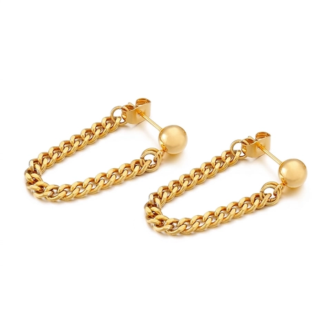 Fashion Stainless Steel Drop Earrings For Women Double Curb Chain Tassel Ball Stud Hoop Design Industrial Style