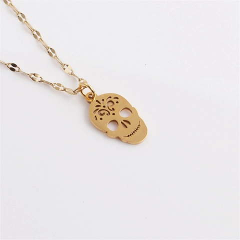 Collier Avec Pendentif Crâne En Acier Inoxydable Bijoux Halloween Gothique Punk Couleur Or Design Creux Pour Hommes Femmes