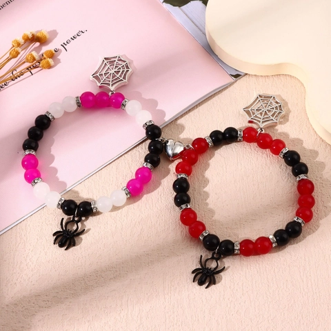Halloween Spider Beaded Bracelet With Magnetic Heart And Alloy Spider Web Pendants For Couples Friends Jewelry