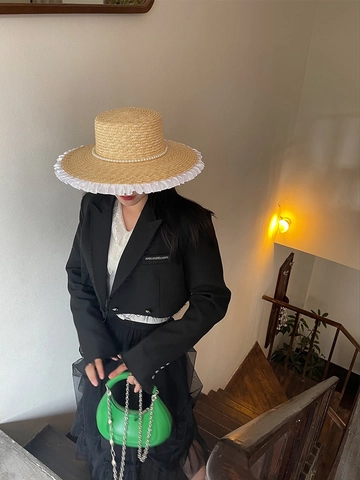 Sombrero De Paja Boater Para Mujer Con Borde De Encaje Blanco Perla Artificial Vintage Protección Solar Vacaciones Playa