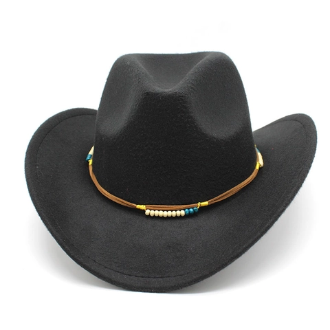 Western Cowboy Hat Wool Felt Wide Brim Beaded Band Ethnic Style Retro Outdoor Travel Fedora Sun Protection For Women Men