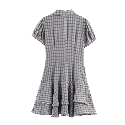 Plaid Mini Dress Layered Ruffle Hem Puff Sleeve Shirt Collar Button Down Polyester Sexy Sweet Style For Women