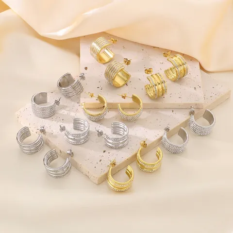 Pendientes De Aro En C De Acero Inoxidable Con Múltiples Filas De Pedrería Brillante Estilo Lujo Para Mujer