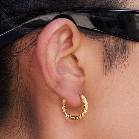 Hammered Hoop Earrings Stainless Steel 14K Gold Plated Twisted Woven Texture Hypoallergenic Fashion Ear Jewelry For Women