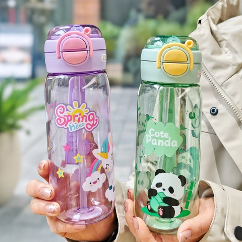 Cartoon Straw Water Bottle Plastic Portable Leakproof Drinking Cup With Adjustable Strap For Kids Students