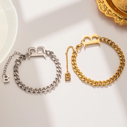 Bracciale a Catena Grossa in Acciaio Inossidabile con Pendente Lettera B per Donna Oro Argento Placcato Gioielli Hip Hop