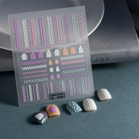 5D Embossed Nail Art Stickers Knitted Sweater Texture Self Adhesive Winter Autumn Manicure DIY Decor Craft Soft Colors