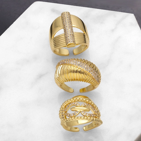 Vintage Geometric Copper Zirconia Open Ring Gold Plated Ribbed Double Layer Adjustable Ring For Women Luxury Jewelry