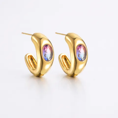 Stainless Steel C-Shaped Hoop Earrings For Women Gold Plated Oval Gradient Rhinestone Inlaid Fashion Jewelry Gift