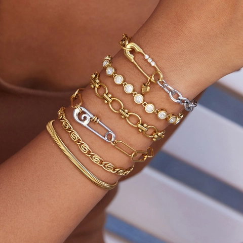Set Di Gioielli In Acciaio Inossidabile Da Donna Bicolore Oro Argento Catena A Graffetta Ciondolo A Spilla Collana E Bracciale
