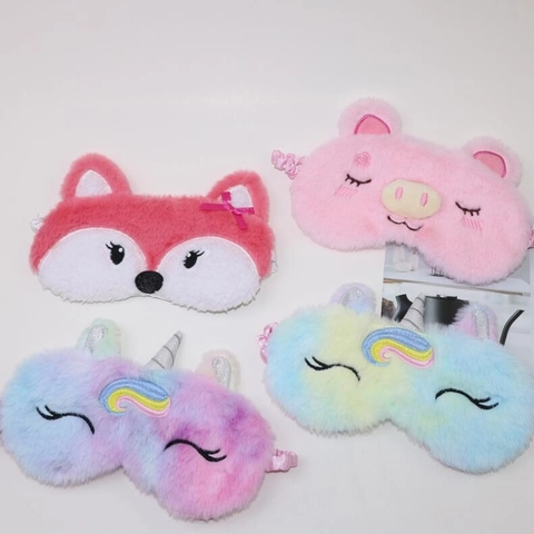 Plush Sleep Eye Mask Cartoon Animal Unicorn Rainbow Tie Dye Faux Fur Shading Blindfold For Women Kids Travel Nap
