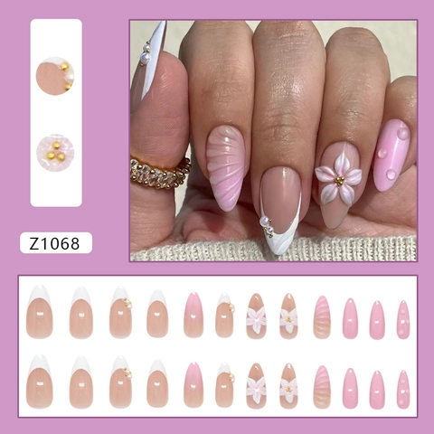 Uñas Postizas Con Punta Francesa Degradado Rosa Con Lirio Tallado 3D Y Perla Artificial Forma Almendra Uñas Artificiales Largas Para Mujeres