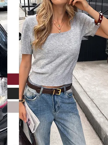 Women Square Neck Short Sleeve Knit Top Elegant Slim Fit Solid Color Casual Streetwear Ribbed Pullover Sweater