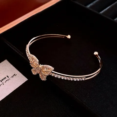 Butterfly Open Cuff Bangle Copper Zircon Inlaid Adjustable Elegant Luxury Bracelet For Women Fashion Jewelry