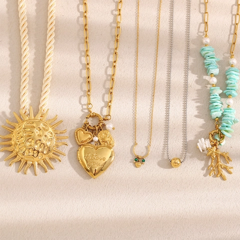 Roestvrij Stalen Ketting 18K Verguld Hart Medaillon Koraal Natuursteen Schelp Zon Hanger Voor Dames Retro Niche
