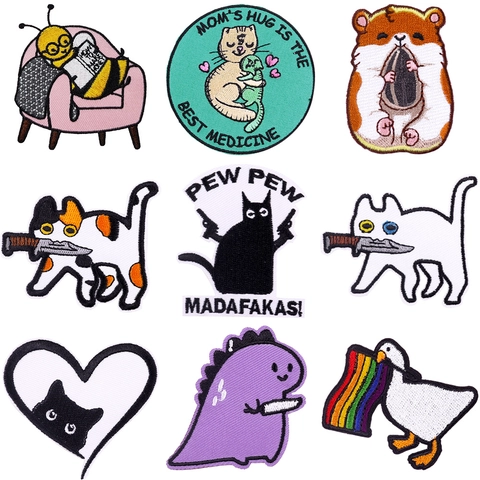 Cartoon Animal Embroidery Patches Iron On Sew On Appliques For Clothes Bags DIY Decor Cute Cat Dinosaur Goose Polyester Thread