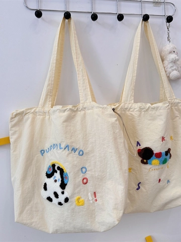 Women Shoulder Bag Canvas Tote Chenille Cartoon Animal Embroidery Large Capacity Drawstring Casual Travel School Bag