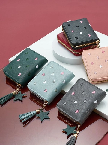 Women Small Wallet PU Leather Zip Around Coin Purse With Heart Embroidery And Tassel Star Charm Short Card Holder