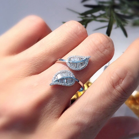 Elegant Copper Zirconia Leaf Open Ring Adjustable Silver Tone Botanical Style Hand Jewelry Birthday Gift For Women