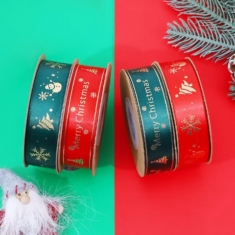 Christmas Ribbon Gold Stamping Satin Ribbon Holiday Decoration For Gift Wrapping Floral Arrangement DIY Craft Bow Making