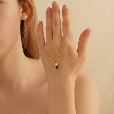 Collana Con Pendente Pietra Portafortuna Goccia Acciaio Inossidabile Placcato Oro 18K Zircone Vintage Elegante Donna