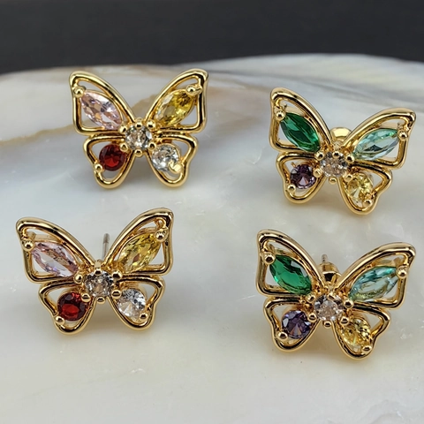 Squisiti Orecchini a Bottone a Farfalla Donna Con Perno in Argento Sterling 925 Rame Zirconia Colorata Intarsiata Gioielli