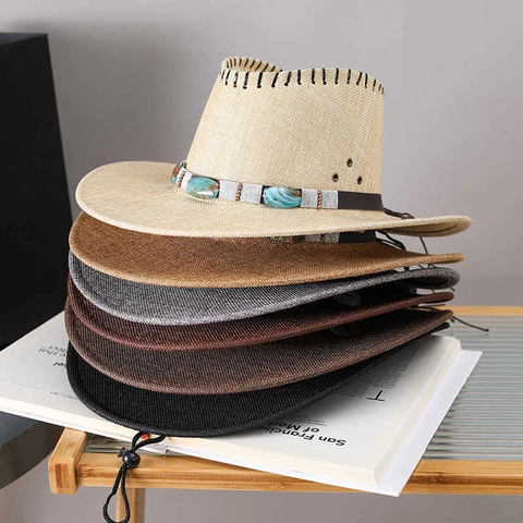 Western Cowboy Hat Straw Weave Turquoise Bead Band Adjustable Windproof Rope Retro Outdoor Sun Hat Breathable