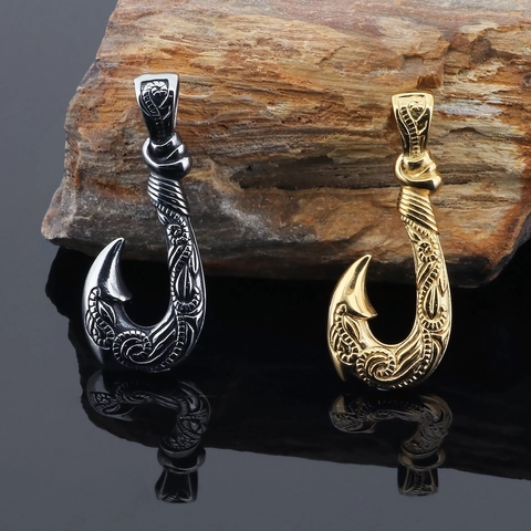Herren Retro Fischhaken Anhänger Halskette Edelstahl Stammes Gravur Polynesischen Stil Punk Schmuck