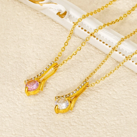 Collana Pendente Donna Acciaio Inossidabile Placcato Oro 18K Zircone Rotondo Strass Temperamento Lusso Gioielli