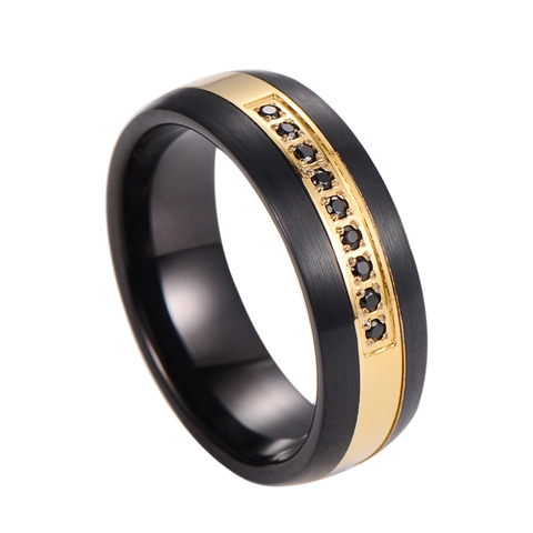 Anillo De Tungsteno Para Hombre Negro Oro Cepillado Banda Con Circonitas Negras Joyería De Estilo Industrial Moderno