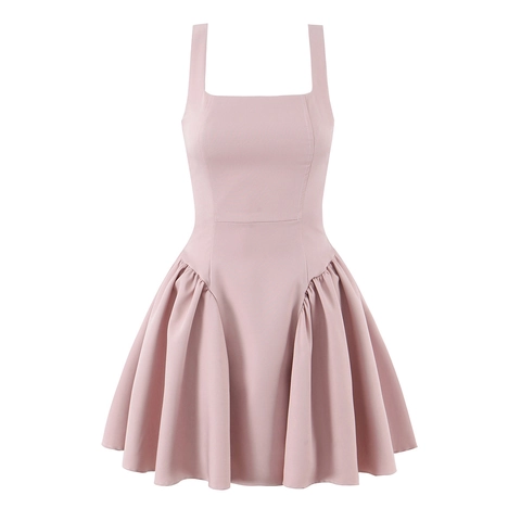 Women Mini Dress Sleeveless Square Neck Satin Polyester Lace Up Back A-Line Puffy Skirt Party Cocktail Style