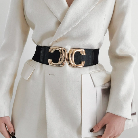 Damen Breiter Elastischer Gürtel Mit Goldener C-Form Legierung Schnalle Retro Eleganter Korsettgürtel