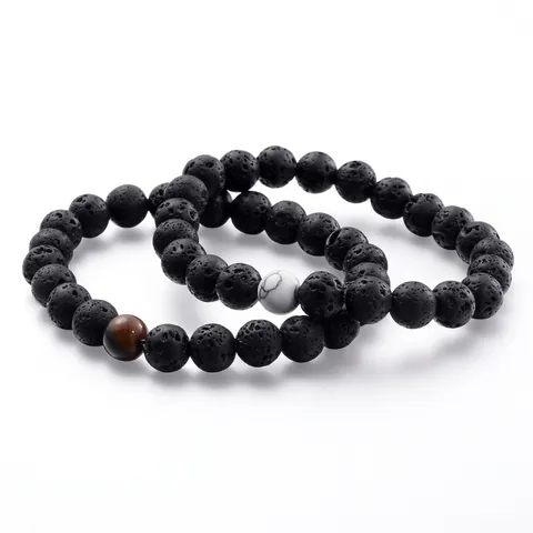 Natural Lava Stone Beaded Bracelet With Tiger Eye And White Turquoise Elastic Retro Jewelry For Men