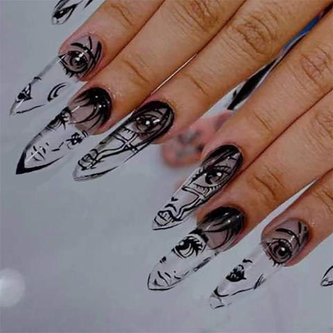 Press On Nägel Stiletto Lang Transparent Schwarz Cartoon Gesicht Anime Augen Doodle Design Künstliche Nägel