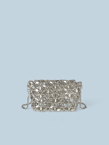Silver Metallic Beaded Mini Crossbody Bag Handmade Hollow Out Chain Strap Fashion Evening Accessory Pouch