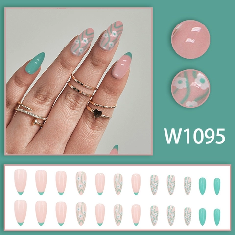 Press On Nails Almond Shape Plastic Mint Green French Tips White Flower Pattern Summer Fresh Style For Women