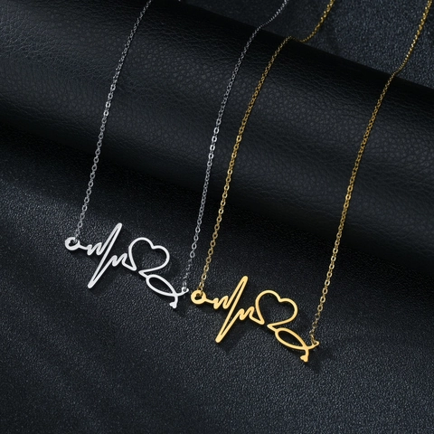 Collana Stetoscopio Battito Cardiaco Acciaio Inossidabile Pendente Cuore ECG Gioielli Minimalisti Regalo Per Infermiera Donne