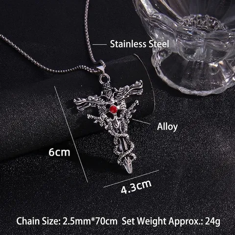 Collar con Colgante de Cruz de Espada de Dragón Gótico Punk para Hombre Mujer Acero Inoxidable Aleación Strass Joyería