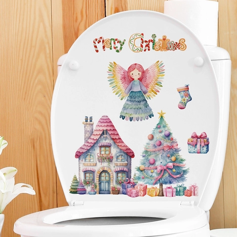 Pegatinas De Pared De Casa De Nieve De Navidad Rosa PVC Acuarela Ángel Árbol Decoración Para Ventana Baño Extraíble Arte