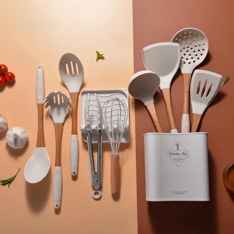 Utensili Da Cucina In Silicone Con Manici In Legno Resistente Al Calore Antiaderente Spatola Cucchiaio Frusta Bianco