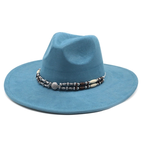 Wide Brim Fedora Cowboyhut Wildleder Polyester Ethnisches Böhmisches Perlenband Vintage Western Outdoor Sonnenhut Herren Damen