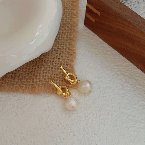 Knot Pearl Drop Earrings With 925 Sterling Silver Earring Post Baroque Freshwater Pearl French Elegant Minimalist Jewelry
