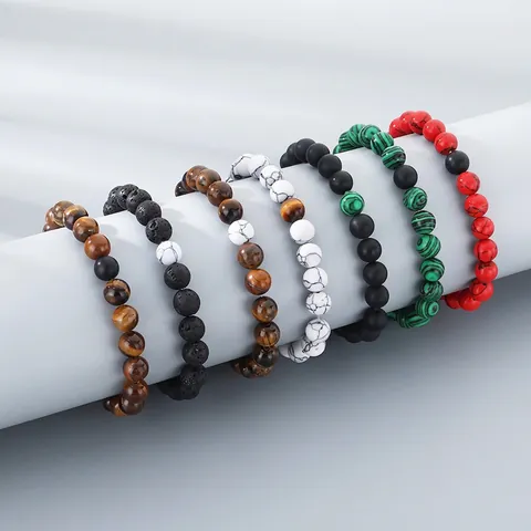 Men Beaded Bracelet Natural Tiger Eye Matte Black Agate Lava Stone White Turquoise Elastic Minimalist Jewelry Gift