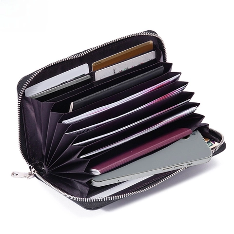 Cartera Larga De Cuero Genuino Protección RFID Porta Pasaporte Grano De Lichi Gran Capacidad Bolso De Mano Viaje