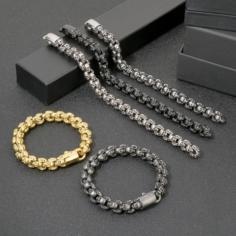 Bracciale A Maglie Con Teschio Da Uomo Acciaio Inossidabile 316L Stile Punk Gotico Rock Gioielli Hip Hop Vintage