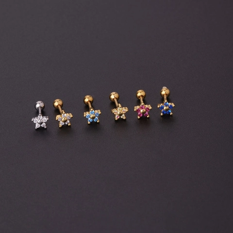 Flower Stud Earrings Stainless Steel Screw Ball Back Zircon Cartilage Piercing Tiny Flower Piercing Jewelry For Women